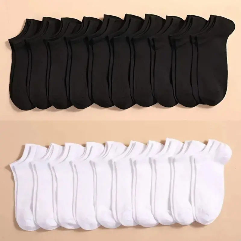 Ankle Sock Low Cut - ถุงเท้าข้อสั้นสีดำและสีขาวแบบไม่เห็นขอบ 10 คู่ แพ็คใหญ่ ผลิตจากผ้าฝ้าย ใส่สบาย