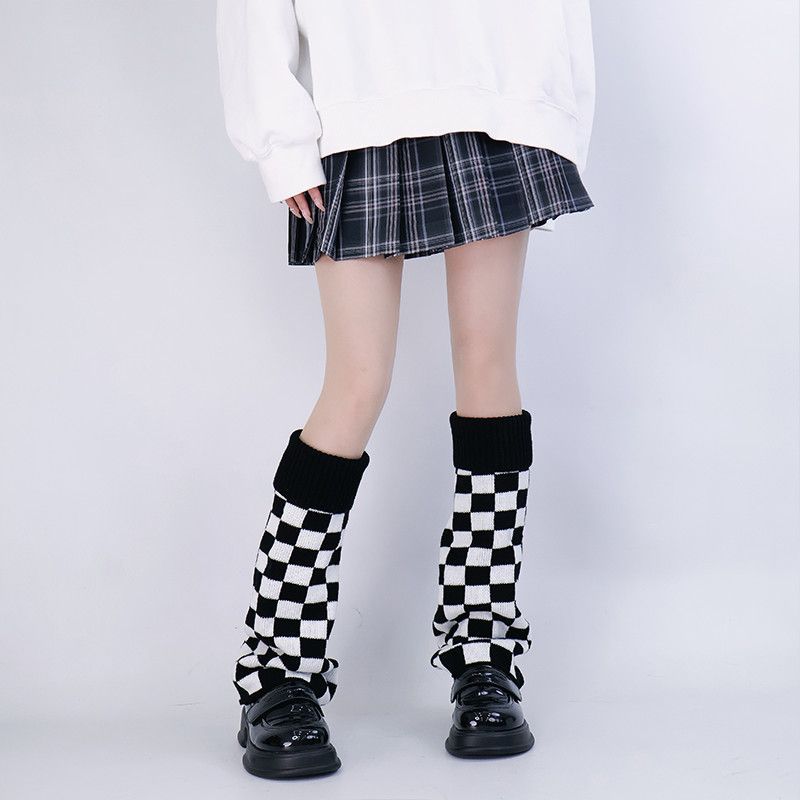 Boot Sock Slouchy - ถุงเท้าลายตารางสีขาวดำแบบถัก สไตล์ฮาราจูกุ โกธิค สำหรับคอสเพลย์ JK
