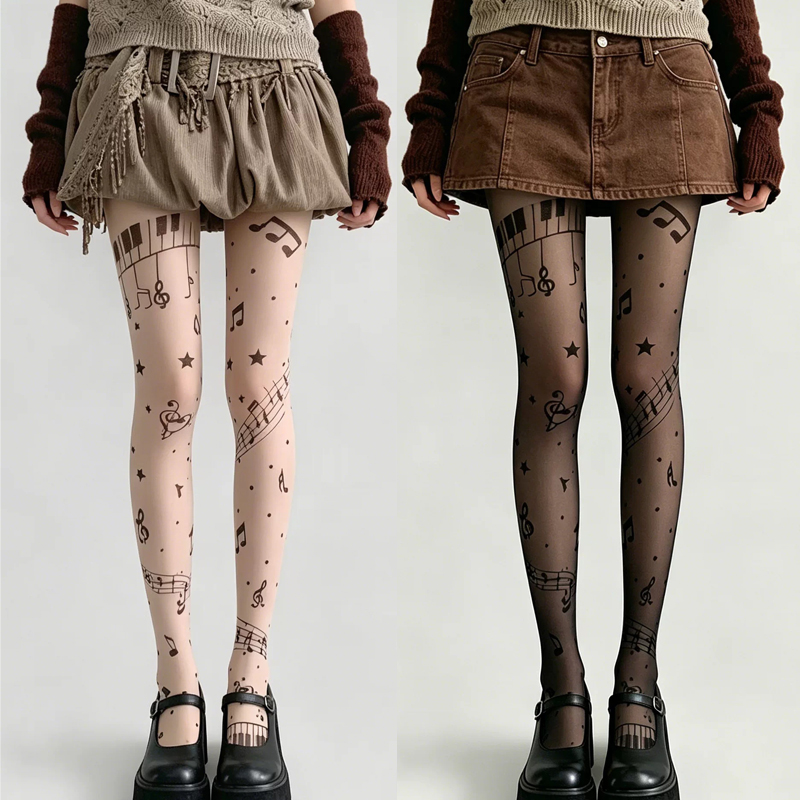 Tights Pantyhose Sheer - ถุงน่องลายโน้ตดนตรี Y2K แบบโปร่งใส ลายดนตรีย้อนยุค ถุงน่องยืดหยุ่นสไตล์ฮาราจูกุ สำหรับผู้หญิง