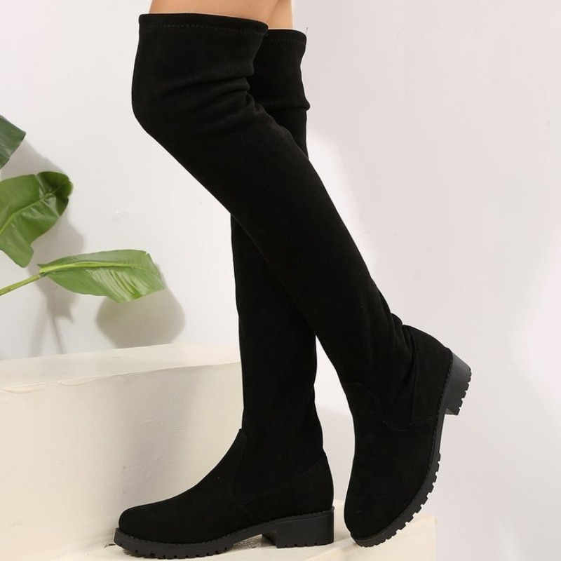 Knee High Sock Women - รองเท้าบูทผู้หญิงแบบสวมเหนือเข่า ทรงสูงถึงต้นขา ผ้าสัมผัสคล้ายหนังกลับ ส้นเตี้ย ปลายมน สำหรับฤดูใบไม้ร่วงและฤดูหนาว