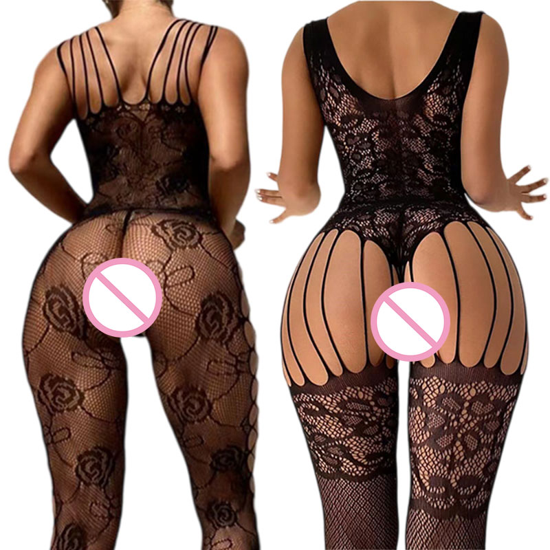 Fishnet Stocking Women - สีดํา Crotchless นุ่มยืดถุงน่องลูกไม้ Sheer ชุดชั้นในชุดราตรีผู้หญิงทางเพศสวมใส่เย็บปักถักร้อย Fishnet