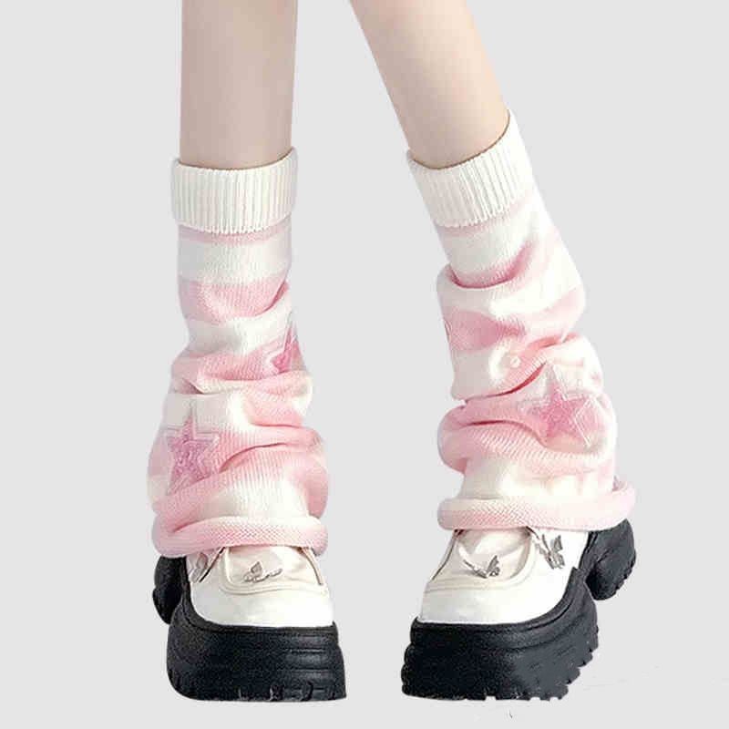 Boot Sock Slouchy - ถุงเท้ายาวลายทาง Y2K ประดับดาวและคริสตัล ถุงเท้าทรงหลวมสไตล์ฮาราจูกุสำหรับชุดสตรีทแวร์