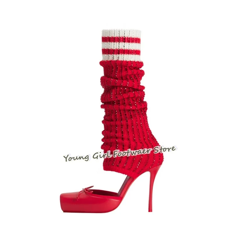 Knee High Sock Women - รองเท้าส้นเข็มแบบสวม สีแดง ตกแต่งโบว์ ผ้าซาติน ด้านหน้าแบบโปร่ง รองเท้าบูทผู้หญิง
