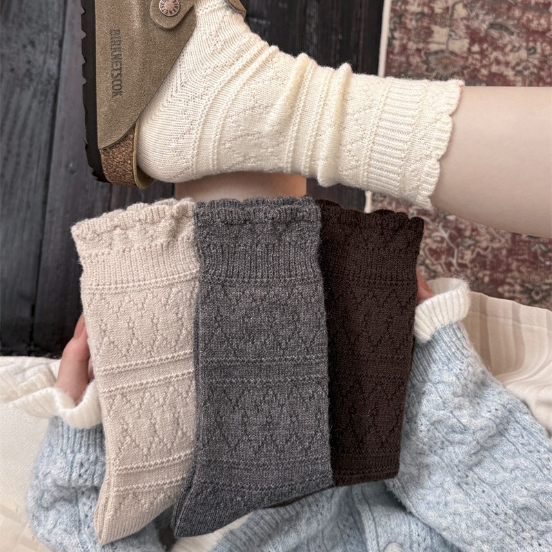 Boot Sock Slouchy - ถุงเท้าบูทสีขาวน้ำนมพร้อมขอบลูกไม้สำหรับผู้หญิง 1 คู่ ถุงเท้าขนแกะหนานุ่มแบบหลวมสำหรับฤดูหนาว ถุงเท้าถักกันหนาว