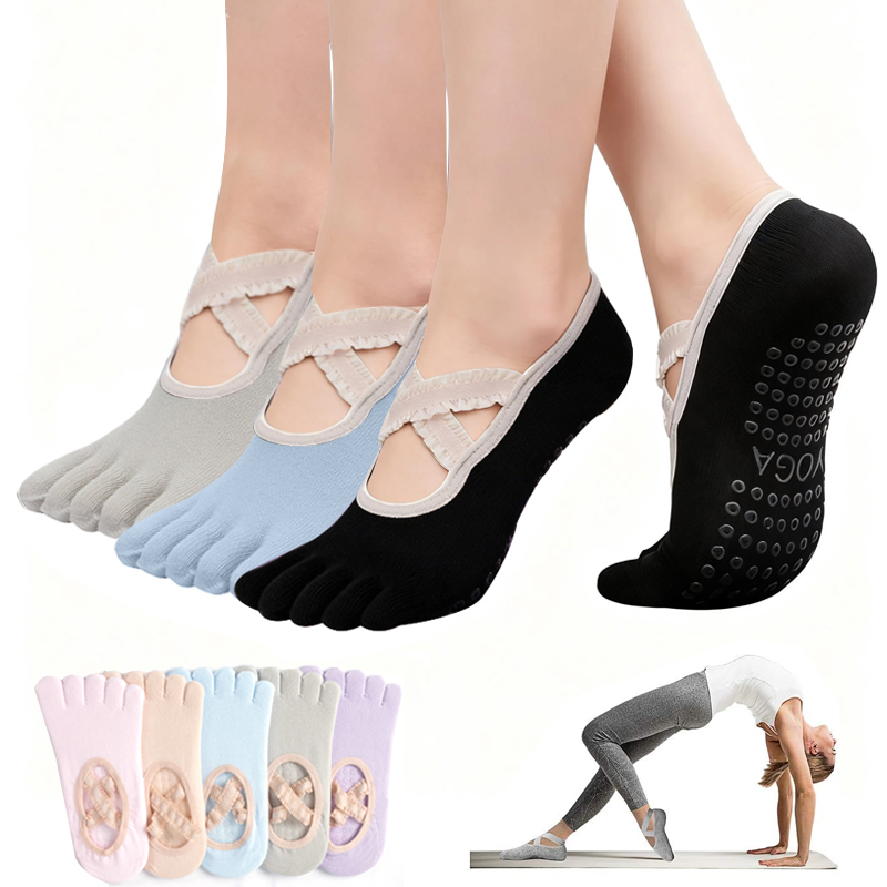 Grip Sock Yoga - ถุงเท้าพิลาทิสกันลื่นสำหรับผู้หญิง ถุงเท้าโยคะแบบผูกเชือก ถุงเท้ากีฬาฟิตเนสระบายอากาศ ถุงเท้าบัลเลต์สำหรับสตูดิโอพิลาทิส