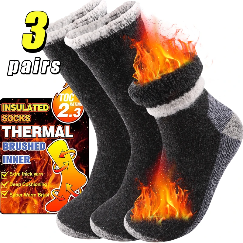 Thermal Sock Winter - ถุงเท้ากีฬากันหนาวคุณภาพสูง 3 คู่ สำหรับผู้ชายและผู้หญิง ถุงเท้าขนแกะเทอร์รี่แบบหนา สำหรับเล่นสกี