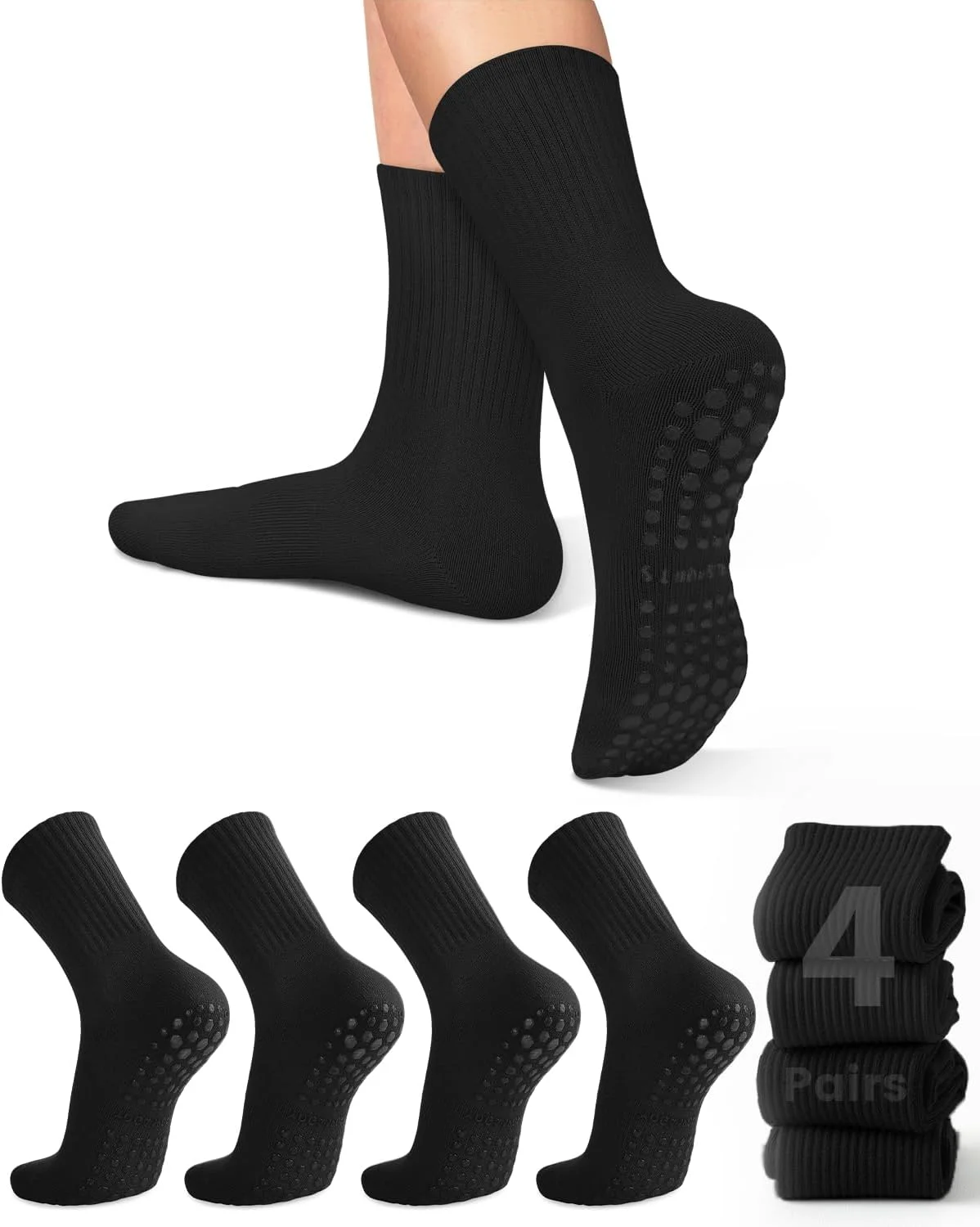 Grip Sock Yoga - ถุงเท้าโยคะสำหรับผู้หญิง 4 คู่, ถุงเท้าโยคะพื้นรองเท้าสีทึบกันลื่น, ถุงเท้าโยคะพิลาทิสบัลเล่ต์