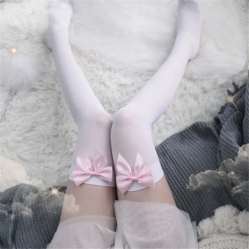 Thigh High Sock Stay Up - เซ็กซี่ผู้หญิงชุดชั้นในสีชมพู Stay ขึ้นต้นขาสูงถุงน่องผ้าไหมสุภาพสตรีหวาน JK Lolita Bowknot