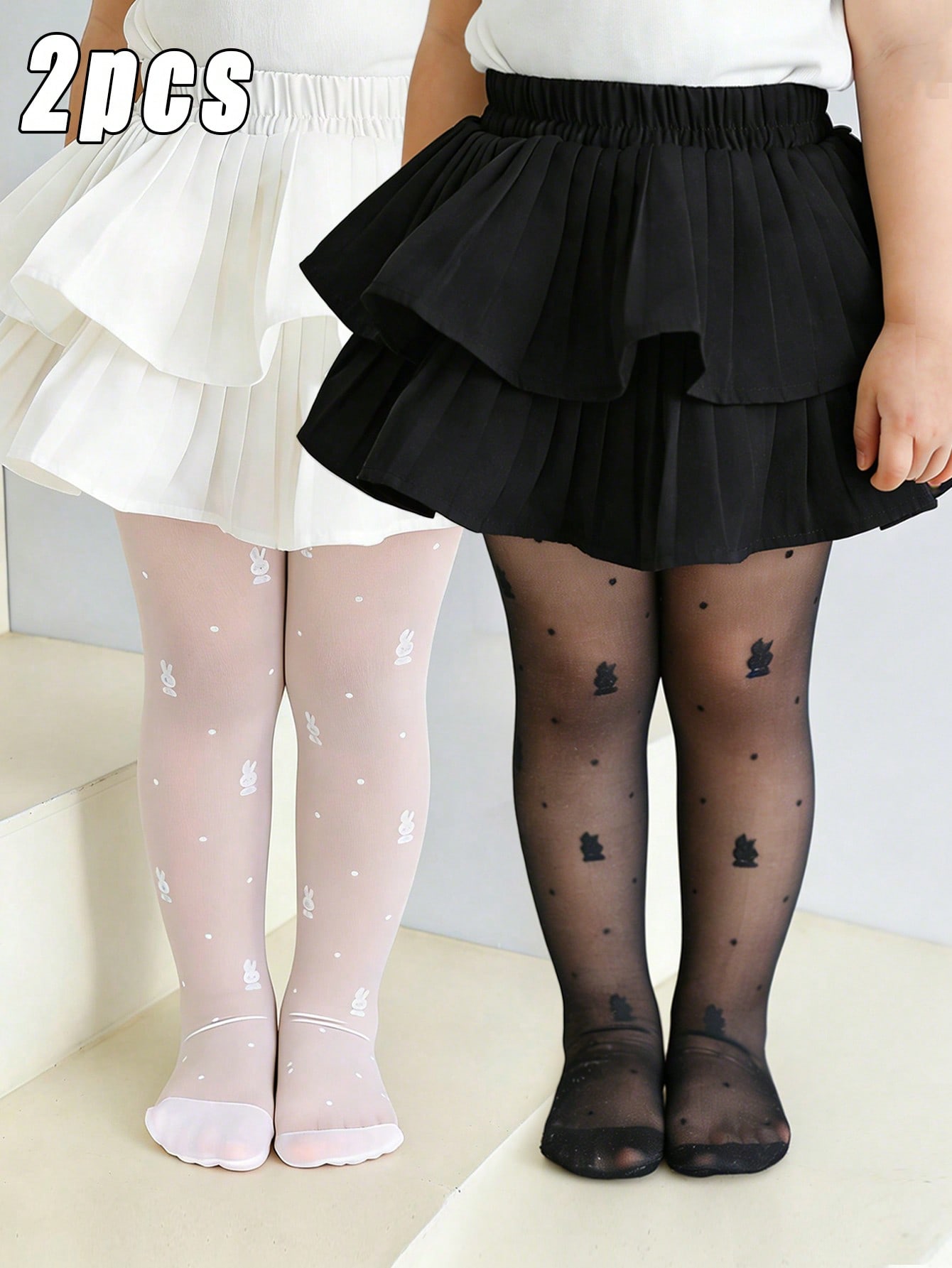 Tights Pantyhose Sheer - 2 แพ็คกางเกงรัดรูปลายกระต่ายสำหรับเด็กผู้หญิง 0-14 ปี ป้องกันแสงแดด ยืดหยุ่นได้