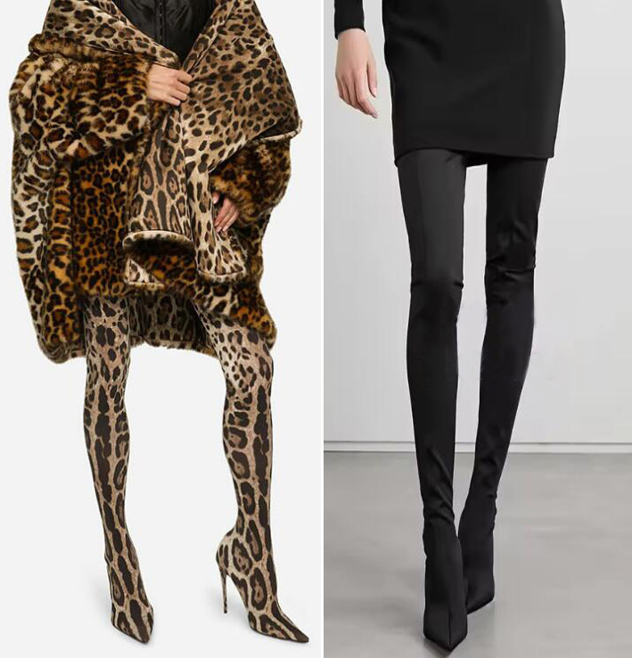 Knee High Sock Women - รองเท้าบูทส้นสูงแบบสวม ปลายแหลม ยืดหยุ่น ลายเสือดาว เซ็กซี่ ทรงสลิม