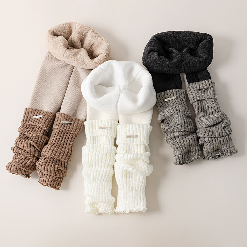 Boot Sock Slouchy - กางเกงเลกกิ้งเด็กแบบหนาบุขนแกะถักลายปะติด สำหรับเด็กผู้หญิง ใส่กันหนาว ขาบานทรงหลวม ขนาด 100-155