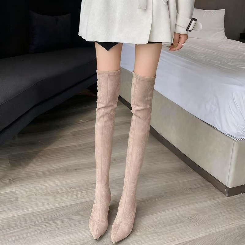 Knee High Sock Women - รองเท้าบูทผู้หญิงแบบเซ็กซี่ ปลายแหลม บูทยาวเหนือเข่า ส้นเหลี่ยม บูทสูงอุ่นสบาย รองเท้าแบบสวมยืดหยุ่นสำหรับผู้หญิง