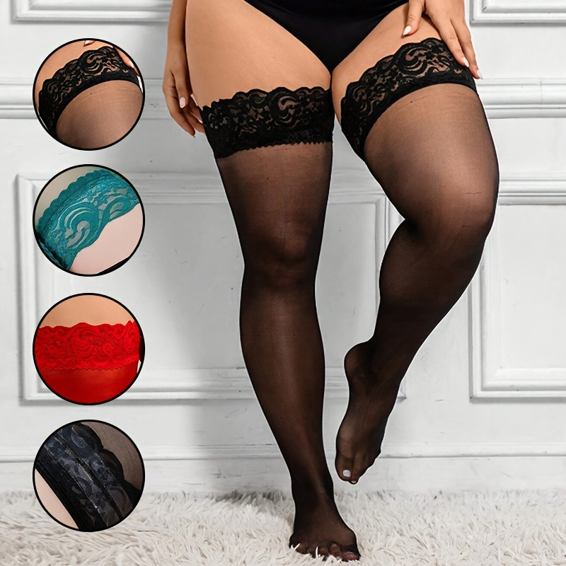 Thigh High Sock Stay Up - ถุงน่องยาวถึงต้นขาสำหรับสาวอวบ ไซส์ใหญ่ บางเฉียบ ขอบลูกไม้ ซิลิโคนยึดติด แบบเซ็กซี่