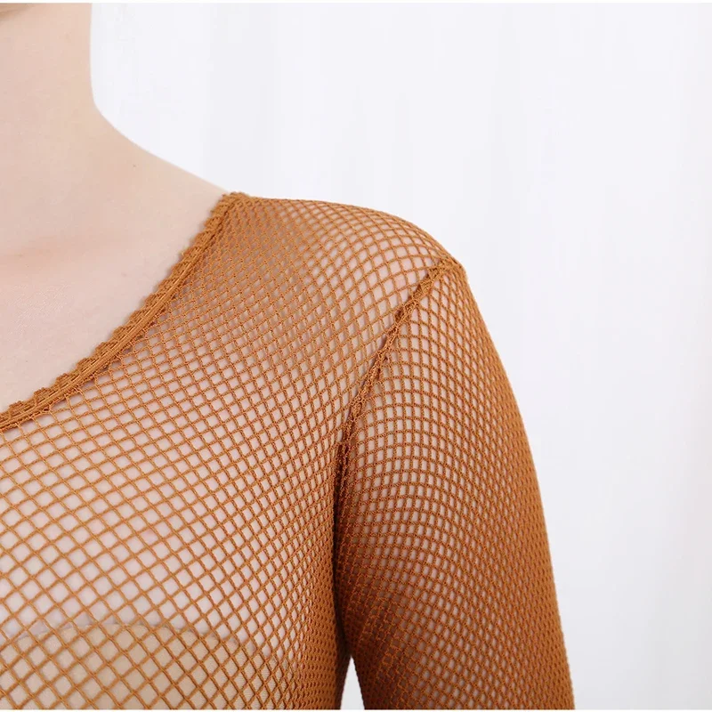 Fishnet Stocking Women - ชุดจั๊มสูทเต้นลาตินแบบเต็มตัว ถุงน่องตาข่าย ชุดบอดี้สูทเต้นรำแบบตาข่ายแข็งสำหรับมืออาชีพ ถุงน่องลาตินแบบยืดหยุ่น 1 ชิ้น