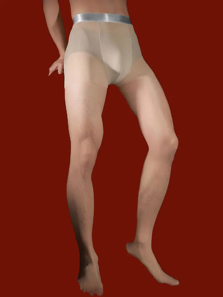 Tights Pantyhose Sheer - กางเกงรัดรูปผู้ชายสีเงินแบบไร้รอยต่อ เนื้อผ้ายืดหยุ่นสูง เงาฉ่ำ โปร่งบาง พร้อมกระเป๋า U