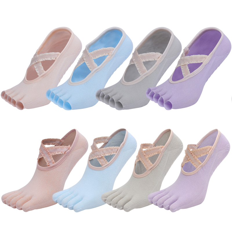 Grip Sock Yoga - ห้านิ้วถุงเท้าโยคะลูกไม้ Cross สายคล้องคอลื่นออกกำลังกายพิลาทิสบัลเล่ต์เต้นรำผ้าฝ้ายแยกนิ้ว Grip ถุงเท้าชั้น