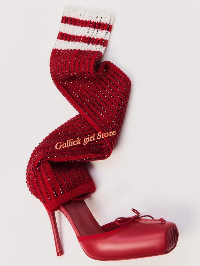 รองเท้าบูทส้นสูงทรงเหลี่ยมสีแด - Knee High Sock Women บทวิจารณ์และราคา